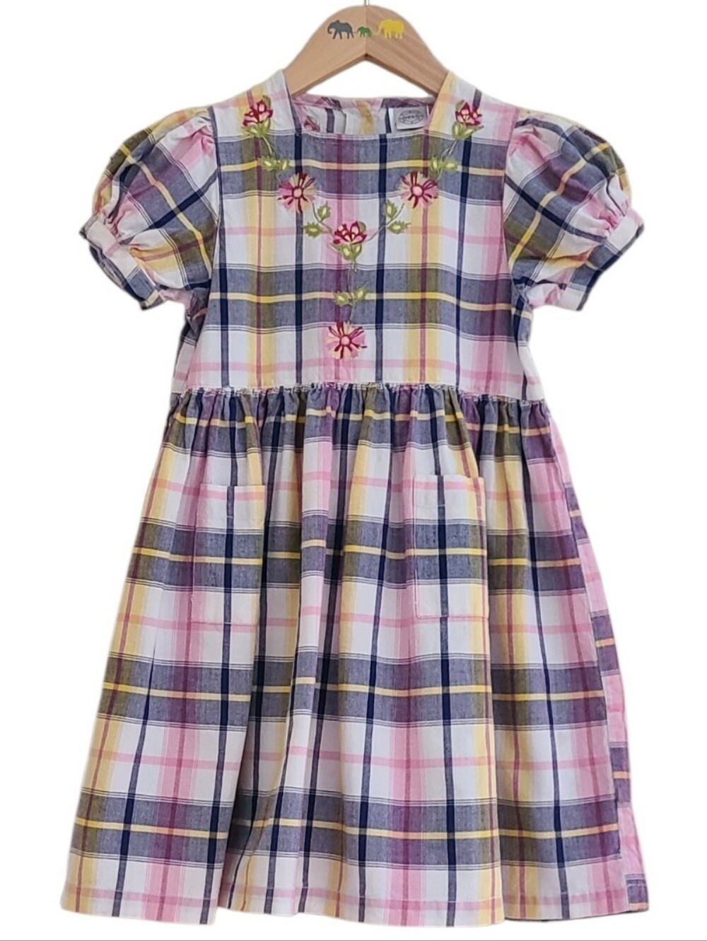 Vintage NEXT Pink and Purple Embroidery Dress with Puffed Short Sleeves 5 Y 90s